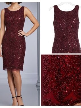 SD Collection Beaded Sheath Dress in Burgundy -Wedding Guest